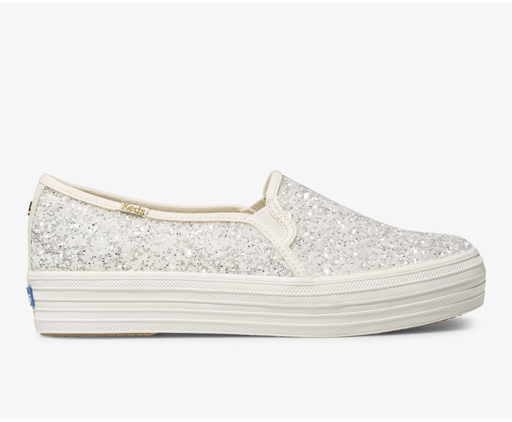 Womens Keds Slip Ons - Kate Spade new york Triple Decker Glitter - White - 8715-IDVJL